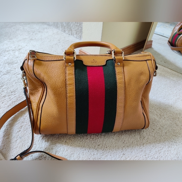 Gucci Tan Leather Tote Bag with Red and Green Stripe - Picture 2 of 16